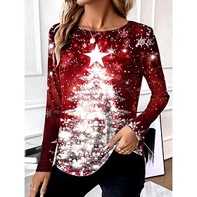 Christmas Women's Christmas Tree SnowflakeT Shirt Graphic Vintage Fashion Stylish Long Sleeve Crew Neck Regular Tops Daily Weekend Print Red Blue Fall Winter