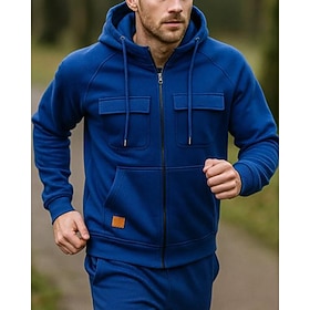 Men's Solid Colored Hooded Jacket Full Zip Sweatshirt Fall / Winter Baggy with Pockets Long Sleeve Athleisure Gym Hiking Running Workout Yoga Dark Grey Wine Re