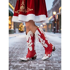 Women's Red and White Western Cowboy Boots with Rivet for Christmas, Comfortable Heel Boots for Holiday Celebrations and Winter Festivities
