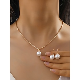 Women's Faux Pearl Necklace and Earring Set with Gold Accents, Elegant Christmas Jewelry for Holiday Parties