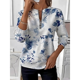 Women's Pullover Sweatshirt Zipper Print Floral Graphic Fashion Casual Long Sleeve Round Neck Regular Tops Street Dailywear Blue Purple Fall Winter