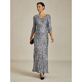 Women's Sequin Dress Lace Glitter Elegant Formal Semi Formal Party Evening Party Regular Fit Solid Color 3/4 Length Sleeve V Neck Gray Fall Winter