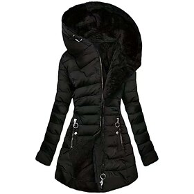 Women's Parka Comfortable Breathable Zipper Pocket Casual Plain Vacation Street Casual Daily Wear Zipper Long Hooded Regular Fit Long Sleeve Outerwear Black Ar