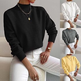 Women's Sweater Pullover Elegant Fashion Streetwear Solid Color Ribbed Mock Neck Knitted Long Sleeve Regular Tops Knit School Formal Outdoor Black White Spring