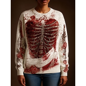 Halloween Women's Sweater Fashion Casual Graphic Skeleton Crew Neck Knitted Long Sleeve Regular Tops Knit Work White Fall Winter