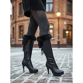 Women's Black Faux Leather Snow Boots with Faux Fur Trim – Elegant Winter Fashion for Women, Perfect for Cold Weather and Evening Events