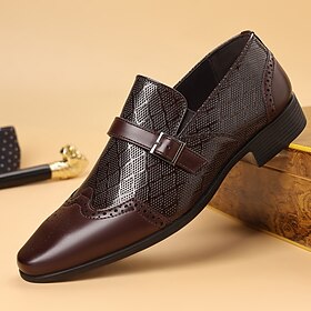 Men's Brown Faux Leather Loafers - Elegant Design with Subtle Embossed Detailing and Buckle Closure, Ideal for Business Attire, Formal Occasions and Sophistica