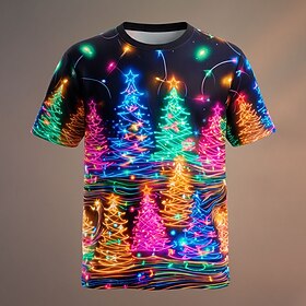 Christmas Men's Christmas Tree Lanterns T Shirt Short Sleeve T shirt 3D Print Crew Neck Shirt Daily Designer Artistic Vacation Party Street Black 4 Black 1 Bla