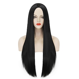 Parrucca cosplay di Halloween extra lunga dritta nera signora famiglia gotica