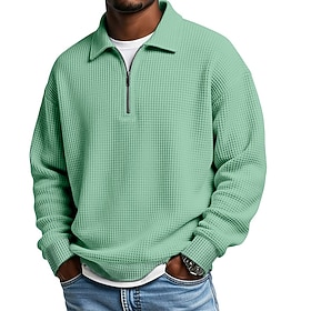 Men's Waffle Polo Shirts Textured Casual Outdoor Quarter Zip Long Sleeve Fashion Modern Solid Color Textured Knitted Spring   Fall All Seasons Loose Fit Black