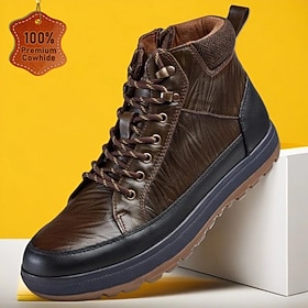 Baskets montantes pour homme en cuir marron avec semelle robuste - chaussures décontractées pour les aventures en plein air, la randonnée et les escapades de w