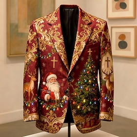 Christmas Men's Santa Claus Blazer Jacket Coat Comfortable Breathable Artistic Casual Party Evening Wear Daily Festival 3D Print Buttons Fall Winter Notch Lon
