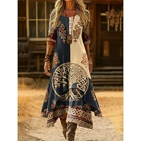 Women's Midi Dress Shift Dress Vacation Casual Boho Daily Holiday Regular Fit Floral Graphic Geometric Long Sleeve Crew Neck V Neck Light Brown Fall Winter