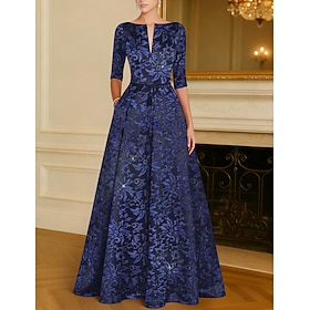 A-Line Floor Length Beaded Eembroidered Formal Dresses Mother of the Bride Dress Evening Gown Ball Gown Formal Dress Elegant Sparkle Half Sleeve Boat Neck Wedd