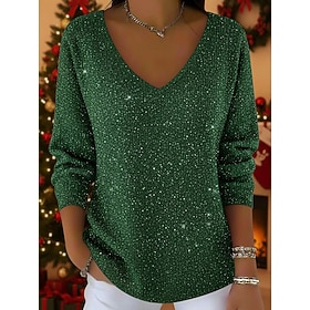 Women's Sweater Pullover Fashion Streetwear Casual Graphic V Neck Glitter Oversized Knitted Long Sleeve Regular Tops Knit Outdoor Daily Red Green Spring Fall