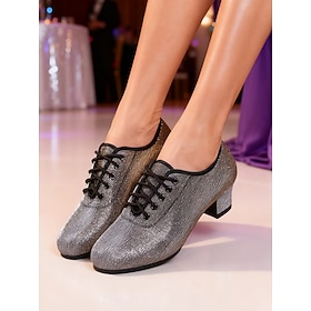 Women's Gold and Silver Latin Dance Shoes - Professional Ballroom Tango Jazz Lace-Up Shoes with Gradient Metallic Finish and Low Heels for Performance or Pract