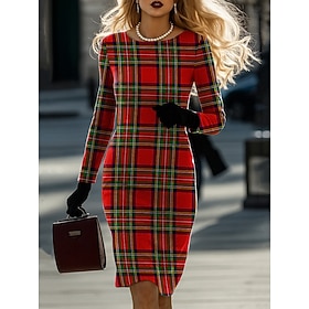 Women's Mini Dress T Shirt Dress Tee Dress Casual Semi Formal Daily Office Regular Fit Geometric Houndstooth Long Sleeve Crew Neck Blue Dark Brown Pink Red Spr