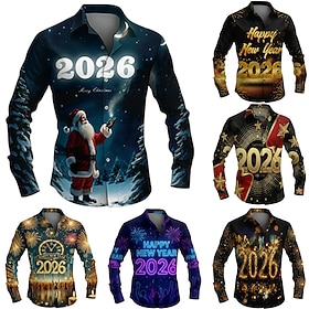 New Year Men's Happy New Year Fireworks 2026 Shirt Button Up Shirt Long Sleeve Fashion Casual Holiday Spring Fall Turndown 3D Print Collared Shirts Blue Black