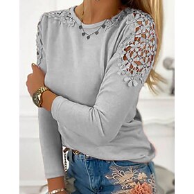 Women's Blouse Eyelet Plain Elegant Stylish Casual Long Sleeve Crew Neck Regular Tops Daily Holiday Going out Black Green Gray Fall Winter