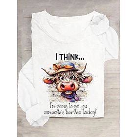 Women's T Shirt Print Graphic Cow Letter Vintage Fashion Stylish Short Sleeve Long Sleeve Crew Neck Round Neck Regular Tops Daily Weekend Black White Pink Gree