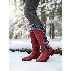 Women's Burgundy Knee-High Winter Boots with Black Faux Fur Trim – Casual Style Long Riding Boots for Christmas, Snow Days Holiday Outfits