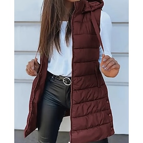 Women's Down Jacket Vest Comfortable Zipper Pocket Casual Plain Vacation Street Daily Wear Going out Long Hooded Regular Fit Sleeveless Outerwear Black Wine Re