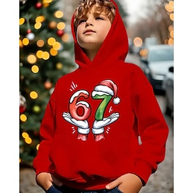 Christmas Unisex Boys' 3D Graphic Funny Slang 67 Hoodie Pullover Long Sleeve 3D Print Fall Winter Sports Fashion Streetwear Kids 4-12 Years Hooded Outdoor Casu