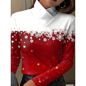 Christmas Women's T Shirt Graphic Snowflake Elegant Vintage Stylish Long Sleeve High Neck Regular Tops Daily Print Blue Black Red Purple Green Spring Fall Wint