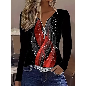 Mujer Camiseta Cremallera Estampado Graphic Geométrico Abstracto Vintage Moda Elegante Manga Larga Cuello Barco Tops regulares Diario Rojo Primavera Otoño Invi
