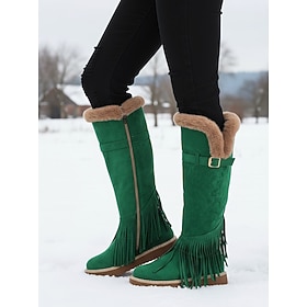 Women's Green Fringe Faux Suede Snow Boots with Fur Lining – Stylish Knee-High Winter Boots Footwear for Cold Weather, Snow and Outdoor Adventures
