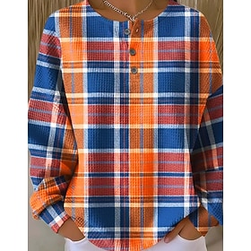 Women's Textured Buttons Graphic Plaid Elegant Vintage Classic Long Sleeve Crew Neck Regular Tops Casual Home Work Blue Pink Red Orange Green Spring Fall Winte