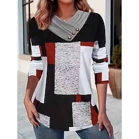 Women's T Shirt Buttons Print Graphic Geometric Color Block Vintage Stylish Casual Long Sleeve V Neck Regular Tops Daily Weekend Blue Red Green Gray Fall Winte