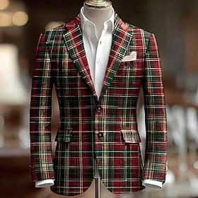 Christmas Men's Plaid Blazer Jacket Coat Comfortable Breathable Artistic Casual Party Evening Wear Daily Festival 3D Print Buttons Fall Winter Notch Long Slee