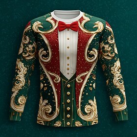 Christmas Men's Christmas Costume Tuxedo T Shirt Long Sleeve T shirt 3D Print Crew Neck Shirt Fashion Basic 3D Street Casual Daily Black Blue Green Summer Spri