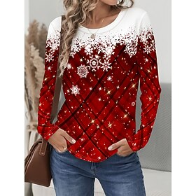 Christmas Women's T Shirt Graphic Snowflake Vintage Fashion Stylish Long Sleeve Crew Neck Regular Tops Daily Weekend Print Red Fall Winter