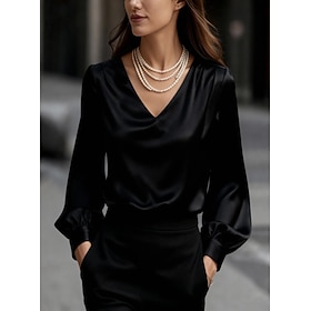 Women's Shirt Elegant Dressy Satin Plain Daily Retro Vintage V Neck Regular Tops White Black Red Apricot Fall
