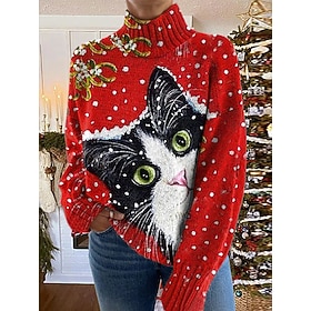 Women's Sweater Pullover Daily Graphic Animal Snowflakes Ribbed Turtleneck Knitted Print Long Sleeve Regular Tops Knit Outdoor Weekend Red Fall Winter