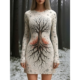 Women's Viking Boho Vintage Tree of Life Mini Dress T Shirt Dress Tee Dress Shift Dress Vacation Casual Holiday Date Graphic Leaf Long Sleeve Crew Neck Beige S