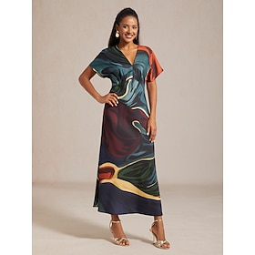 Damen Maxikleid Satin abstrakter Platzierungsdruck Dolmanärmel V-Ausschnitt Taillenband elegant lässig Urlaub…: retailer-supplied image