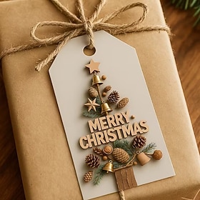 48pcs Christmas Gift Tags with Jute Twine — Vintage Wood Grain Tags with Pinecone Bell Silhouette Merry Christmas Design, Durable and Easy to Write On, Perfec
