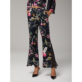 pantalon femme tissu extensible imprimé floral mousseline panneaux transparents jambe évasée taille élastique élégant…: retailer-supplied image