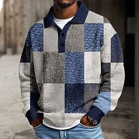 Men's Color Block Polo Textured Long Sleeve Polo Shirts Lapel Casual School Athleisure Daily Wear 3D Print Spring Fall Winter Blue Red Purple