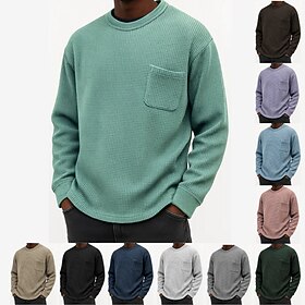 Men's T Shirt Tee Waffle Knit Tee Tee Top Long Sleeve Crew Neck Spring Fall Plain Fashion Designer Basic Pockets Vacation Street Going out Dark Brown Black Whi