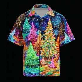 New Year Men's Christmas Tree Fireworks Neon Glow Shirt Cuban Collar Shirt Short Sleeve Funny Christmas Gifts Holiday Spring Fall Camp Collar 3D Print Button U