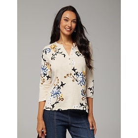 All cotton stretch slub floral print T shirt vacation: retailer-supplied image