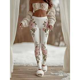 Women's Leggings Cozy Leggings Vacation Vintage Casual Full Length High Waist Floral Printing Comfortable Stretchy Casual Daily Vacation White Spring Fall Slim