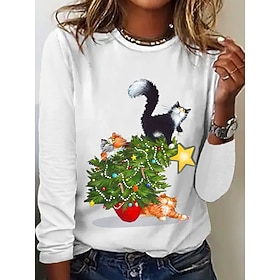 Christmas Women's T Shirt Graphic Cat Christmas Tree Vintage Fashion Stylish Long Sleeve Crew Neck Regular Tops Daily Weekend Print Blue White Pink Beige Fall