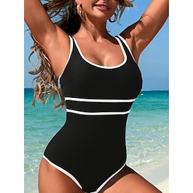 Women's One Piece Swimsuit Slimming Colorblock Monokini Tummy Control High Waist Slim Backless Vacation Beach Wear Stripe U Neck Sleeveless Bathing Suits