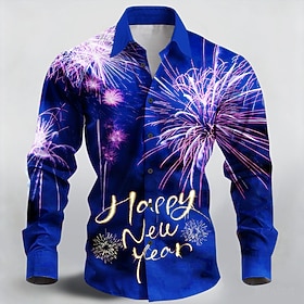 New Year Men's Happy New Year Fireworks 2026 Shirt Button Up Shirt Long Sleeve Fashion Casual Holiday Spring Fall Turndown 3D Print Collared Shirts Blue Purple