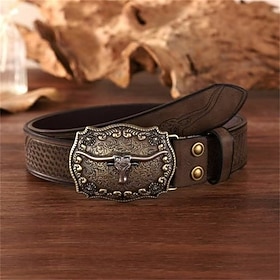 Men's Belt Automatic Buckle Quick-Release Dermis Alloy Vintage Durable Adjustable Cow Kakhi Outdoor Daily Waist Belt